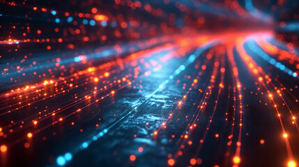 Slick, glossy black surfaces intersected by glowing red and blue neon lines, conveying a high-speed data network in motion.