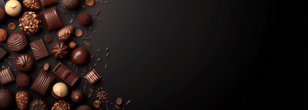 Sumptuous spread of various chocolates and truffles set against a dark, elegant background for world chocolate day
