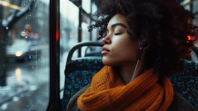 An Atmospheric Shot Of A Stylish Young Woman Standing Near The Door On A Bus, Her Eyes Closed As She Listens To Music Through Her Earphones.