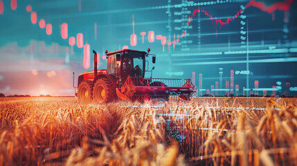 A tractor in a field harvesting crops with a stock chart in the background reflecting the cost of agricultural products