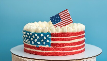 Sweet delicious cake decorated as USA flag . Concept of Independence day of USA, celebration of 4th July, patriotic holidays 