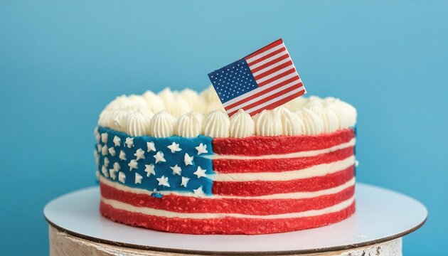Sweet delicious cake decorated as USA flag . Concept of Independence day of USA, celebration of 4th July, patriotic holidays 