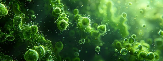 Kingdom of biological organisms. Scientific bacteria. Shows green bacteria clearly and in detail.