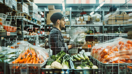 Obraz premium A man browses through shelves of fresh produce and packaged goods in a bustling hypermarket