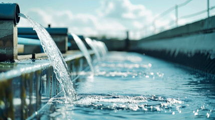 Crystal-clear water streams elegantly from a pipe in an industrial water treatment plant, undergoing cleansing and purification
