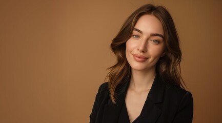 portrait of a beautiful young business woman smiling in a black suit on a dark background