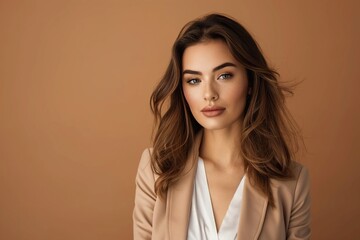 Fototapeta premium portrait of a beautiful young business woman smiling in a black suit on a dark background