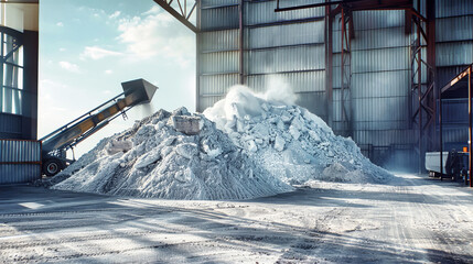 A vast heap of white powder from mined minerals fills a corner of the factory floor, waiting to be processed into potent potash fertilizers