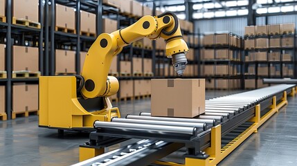 A robot is working in a warehouse, picking up a box