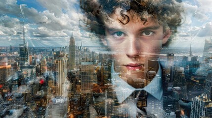 A man with curly hair is looking at the camera in a cityscape