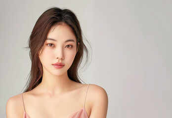 Fototapeta premium Studio shot of a Beautiful Asian idol girl with healthy skin looking at the camera. Natural makeup of a beautiful model with copy space. Cosmetic concept.