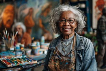 Fototapeta premium Senior Artist with glasses and gray hair is smiling in front of a painting