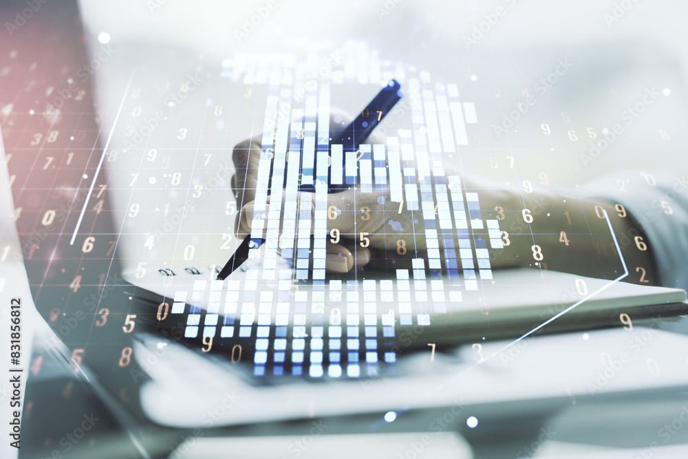Aufkleber double exposure of creative bitcoin symbol with hand writing in notebook on background with laptop. 