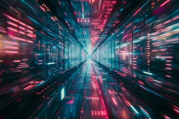 Digital generated video clip of camera flying through abstract data tunnel