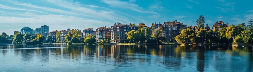 Fototapeta premium Scenic view of a serene lake with reflections of residential buildings and lush green trees under a blue sky with wispy clouds.