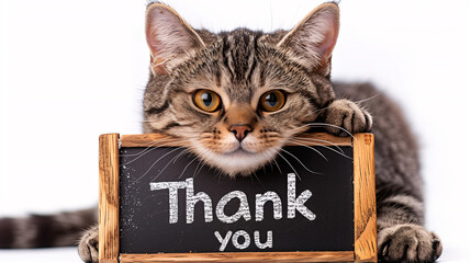 Cat peeks over a chalkboard sign that says "Thank You"