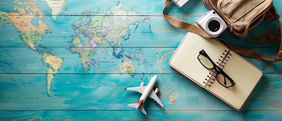 Travel planning essentials on a world map, including a camera, notebook, glasses, model airplane, and a bag, inspiring adventure and exploration.