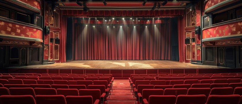 Beautiful empty theater with red seats and stage lighting, creating a dramatic and elegant atmosphere for performances and events.