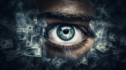 Enhance the intensity of the eye, make the eye appear to be looking at the viewer with a sense of greed and desire. Include dark smoky elements to enhance the dramatic effect.