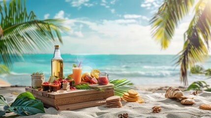 Obraz premium Showcase the joy of beachside picnics with a photo featuring a wooden podium displaying summer picnic products like snacks, drinks, and picnic blankets,