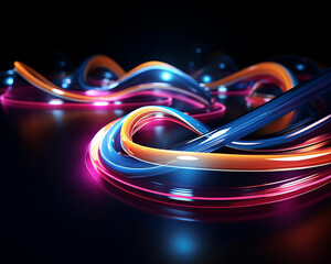 Colorful abstract light trails against a dark background, creating a stunning display of vibrant neon curves and glowing lines.