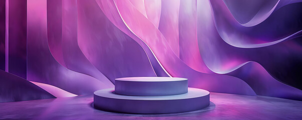 Showcase a luxury product on a sleek stand set against a studio backdrop of minimalist geometric shapes in shades of violet and purple. The stage enhances the abstract design.