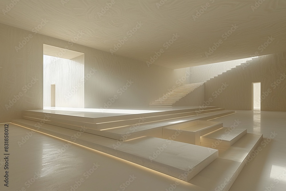 Poster minimalist architectural space with soft lighting, showcasing clean lines and open design in serene 