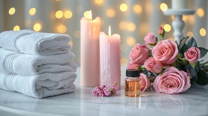 A set of white towels are stacked on top of each other, with a candle at spa