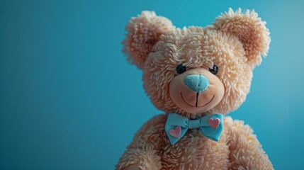 A cute art toy of a cheerful teddy bear, standing upright with a big smile. The bear has a soft, fluffy texture, with a bow tie and a small heart on its chest. The background is a solid pastel blue,