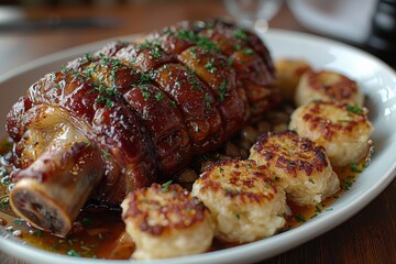 Schweinshaxe - Roasted pork knuckle with crackling skin, served with dumplings and sauerkraut.