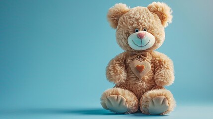 A cute art toy of a cheerful teddy bear, standing upright with a big smile. The bear has a soft, fluffy texture, with a bow tie and a small heart on its chest. The background is a solid pastel blue,