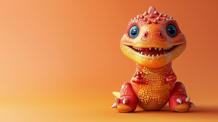 A delightful 3D cartoon art toy of a smiling dinosaur, standing on its hind legs with tiny arms waving. The dinosaur has bright, colorful scales and a happy face. The background is a solid pastel