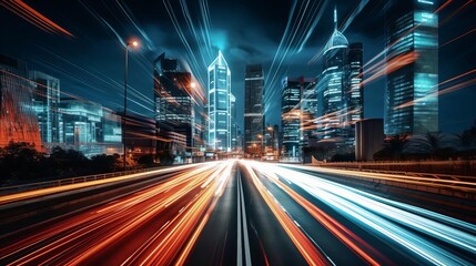 Obraz premium A modern cityscape with light trails from cars at night,