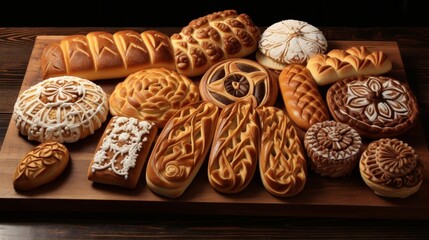 A selection of breads and pastries with intricate designs,