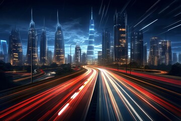 A modern cityscape with light trails from cars at night,