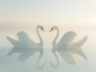 Obraz premium High-altitude shot of swans swimming in a calm lake with a clear sky background, ideal for text placement