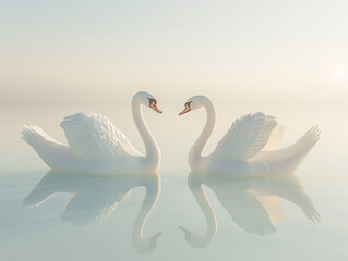 High-altitude shot of swans swimming in a calm lake with a clear sky background, ideal for text placement