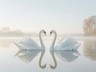 High-altitude shot of swans swimming in a calm lake with a clear sky background, ideal for text placement