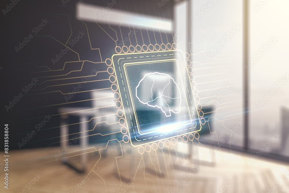 Aufkleber Double exposure of creative human brain microcircuit and modern desk with computer on background. Future technology and AI concept