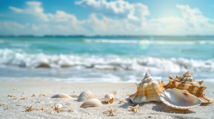 Emphasize the natural elements of coastal beauty with a photo featuring an empty sand beach adorned with shells, set against the azure hues of a summer sea.