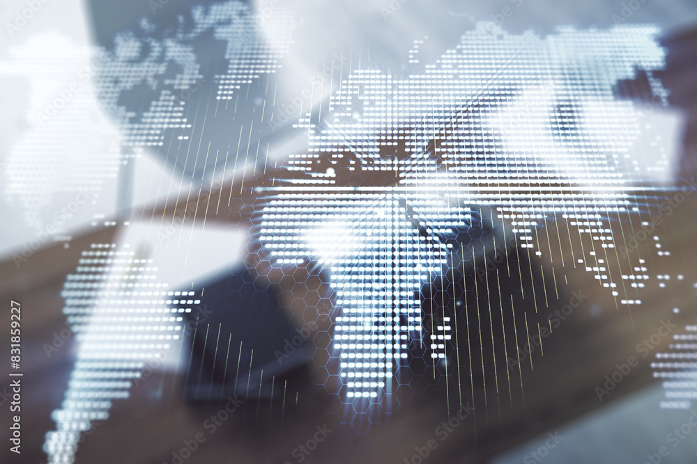 Poster multi exposure of abstract creative digital world map and modern desktop with laptop on background, 