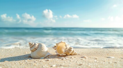 Capture the tranquility of beachside serenity with a photo featuring an empty sand beach adorned with shells, set against the backdrop of a summer sea, providing ample copy space for various uses.