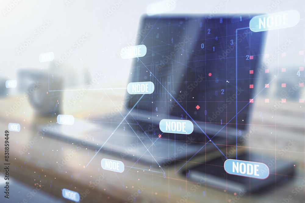 Leinwandbilder double exposure of abstract programming language and modern desktop with laptop on background, resea