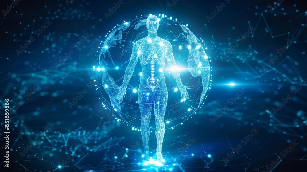 Aufkleber a virtual globe enveloping a human figure showcasing the potential for blockchain to expand and esta