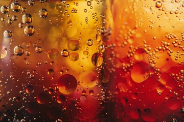 A macro shot of delicate bubbles rising in iced soda, lit with a spectrum of red and yellow light
