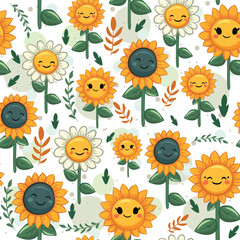 Spring and summer seamless pattern with happy sunglowers and daisies. Floral repetitive background with yellow flowers with a smile and leaves.
