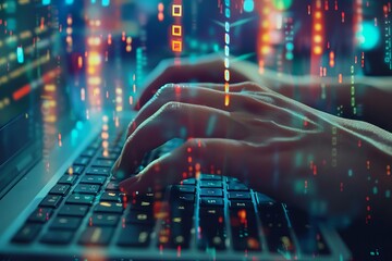 Hands typing on a keyboard with digital charts