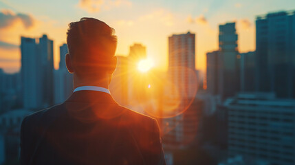 silhouette of businessman at sky building and sunset light flare