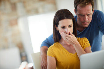 Couple, laptop and surprise with stress in home, reading and cover mouth for debt, credit score or...