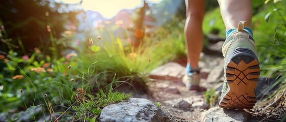 Close-up of person hiking on mountain trail. Rugged path with greenery and sunlight. Outdoor adventure, exercise, and nature exploration.